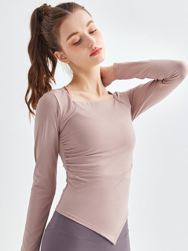 Blue Zone Planet | square collar irregular hem sports long-sleeved quick-drying running fitness yoga clothing-[Adult]-[Female]-2022 Online Blue Zone Planet