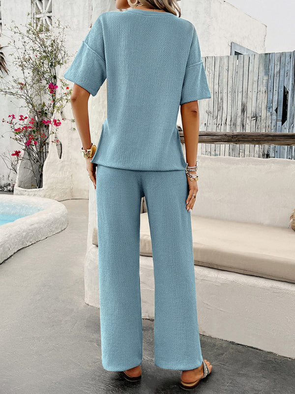 Blue Zone Planet |  spring and summer solid color knitted short-sleeved trousers suit BLUE ZONE PLANET