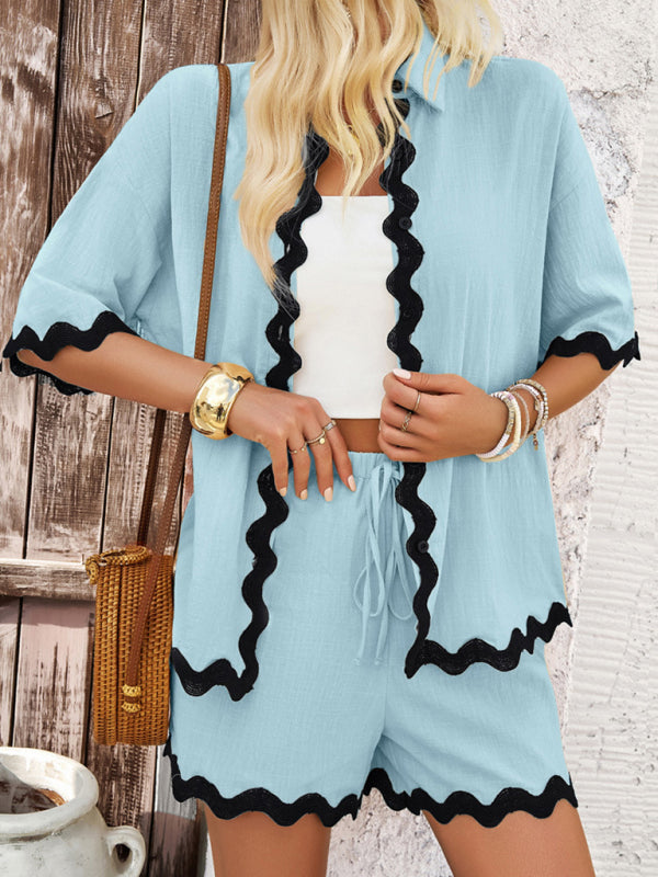 Blue Zone Planet |  Spring and summer casual solid color lace shirt and shorts suit BLUE ZONE PLANET