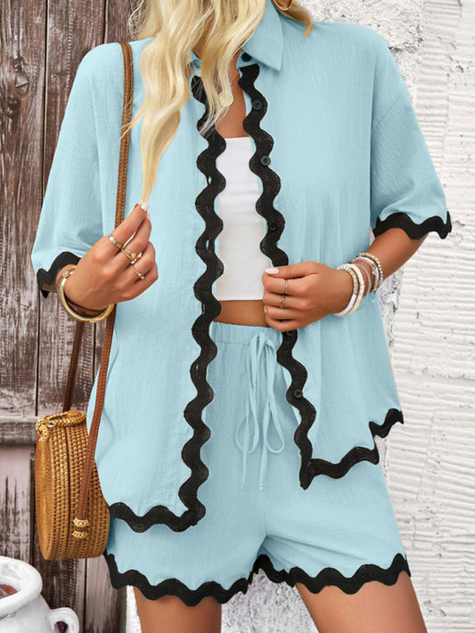 Blue Zone Planet |  Spring and summer casual solid color lace shirt and shorts suit BLUE ZONE PLANET