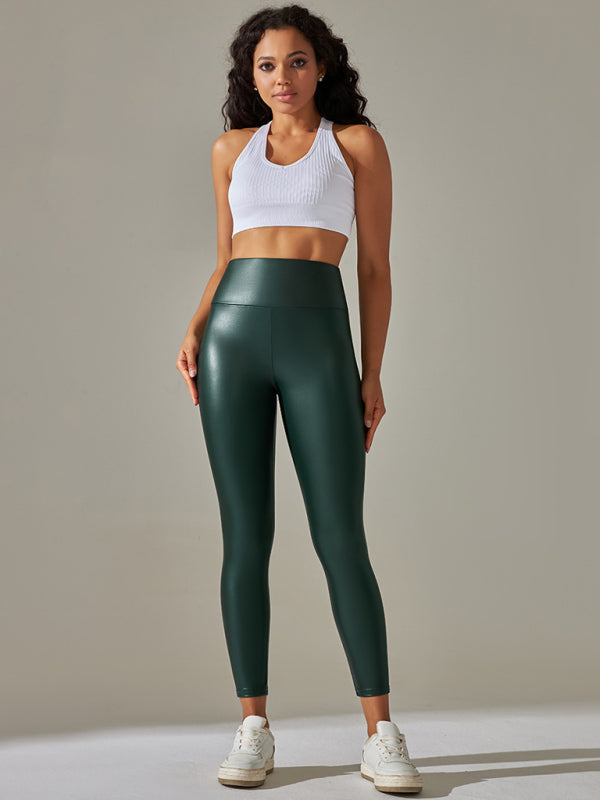 Blue Zone Planet | plus size leggings high waist tight PU leather pants colorful yoga pants-TOPS / DRESSES-[Adult]-[Female]-Green-XS-2022 Online Blue Zone Planet