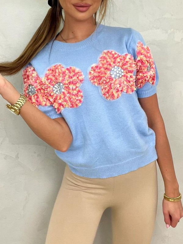 Blue Zone Planet | contrasting flower sweet pink round neck short-sleeved sweater-TOPS / DRESSES-[Adult]-[Female]-Blue-S-2022 Online Blue Zone Planet