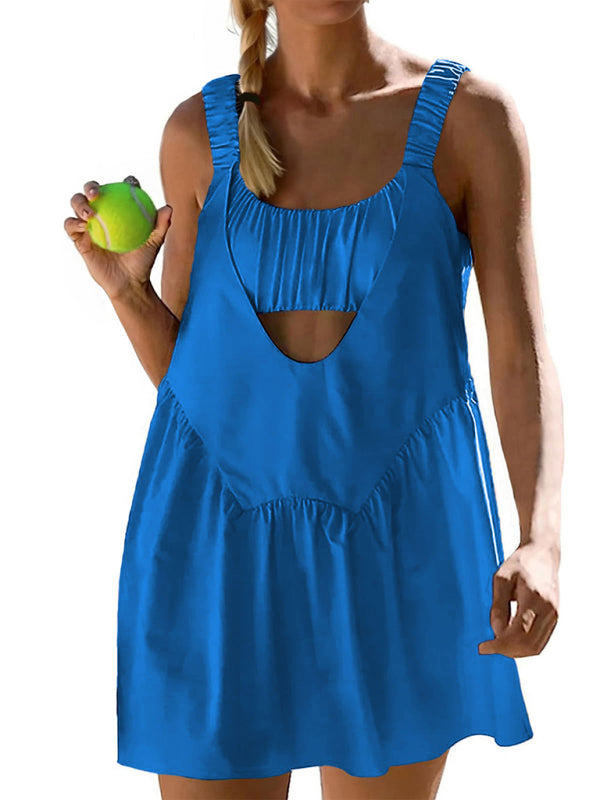 Blue Zone Planet | spaghetti strap backless outdoor sports yoga tennis skirt dress + shorts set-TOPS / DRESSES-[Adult]-[Female]-2022 Online Blue Zone Planet
