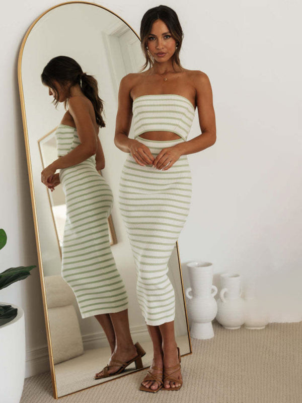 Blue Zone Planet |  one-shoulder tube top striped knitted slim fit hip-hugging dress BLUE ZONE PLANET