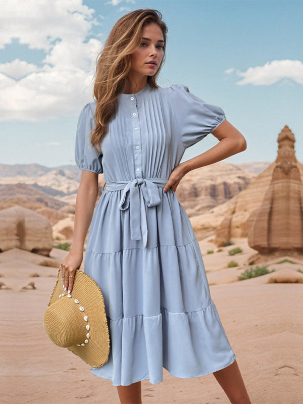 Blue Zone Planet | Stand Collar Pleated Short Sleeve Commuting Lace Up Midi Dress BLUE ZONE PLANET