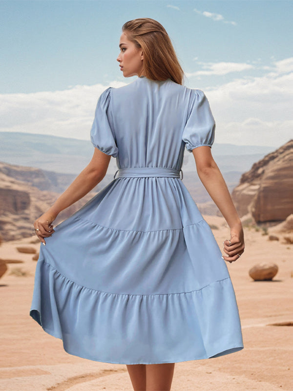 Blue Zone Planet | Stand Collar Pleated Short Sleeve Commuting Lace Up Midi Dress BLUE ZONE PLANET