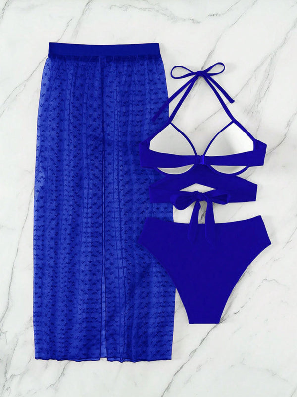 Blue Zone Planet |  Solid color bikini mesh skirt three-piece set BLUE ZONE PLANET