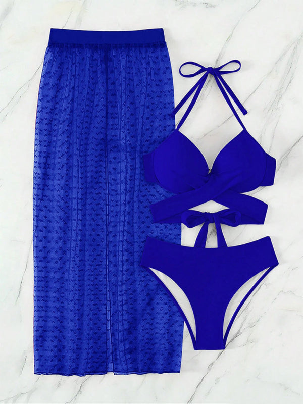 Blue Zone Planet |  Solid color bikini mesh skirt three-piece set BLUE ZONE PLANET