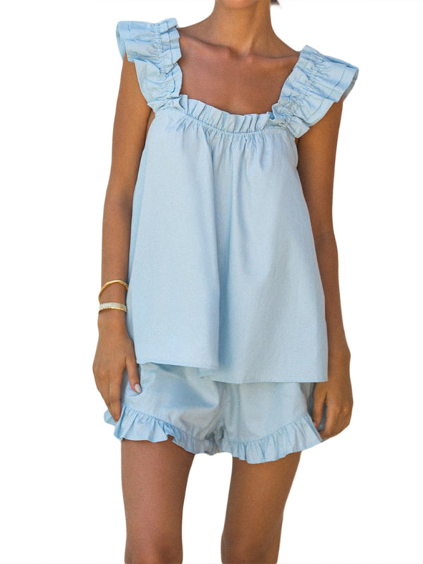 Blue Zone Planet |  sleeveless solid color ruffle spaghetti strap shorts home wear set BLUE ZONE PLANET