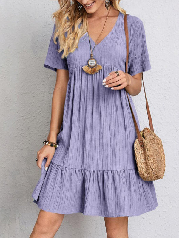 Blue Zone Planet |  Wave Wrinkle Breathable Loose Hem V-neck Short Sleeve Splicing Solid Color Dress BLUE ZONE PLANET