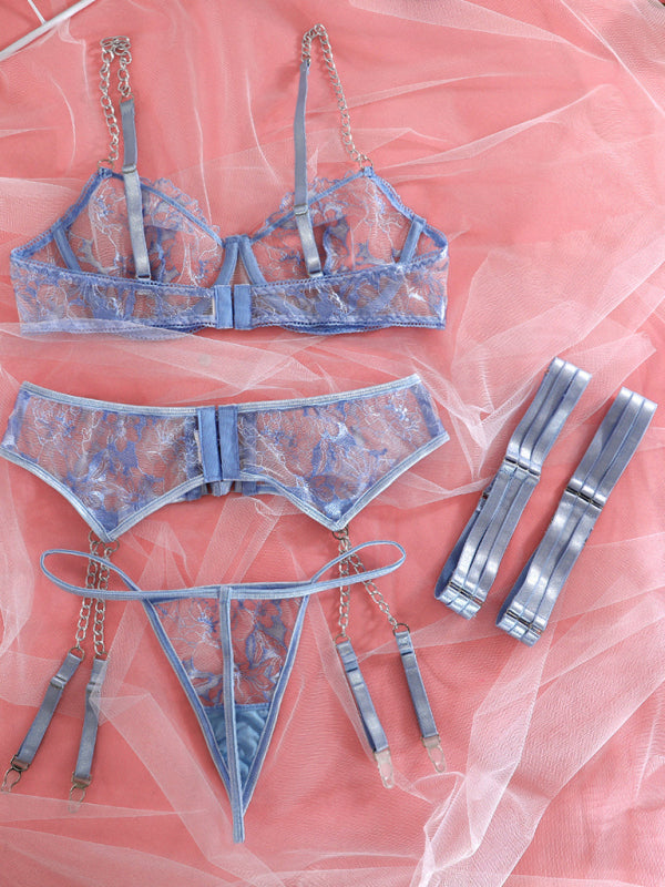 Blue Zone Planet |  Mesh embroidered hanging chain spaghetti straps hollow cross lingerie set of four BLUE ZONE PLANET