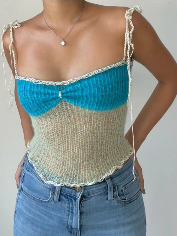 Blue Zone Planet |  Anna's slim fit color block spaghetti strap pearl button crop top BLUE ZONE PLANET