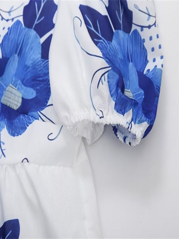 Irregular floral print V-neck short-sleeved bow-detailed lace-up crop top BLUE ZONE PLANET