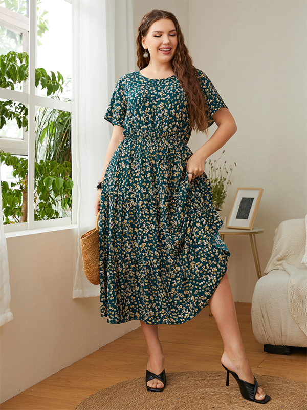 Blue Zone Planet | Plus size round neck printed waist dress BLUE ZONE PLANET