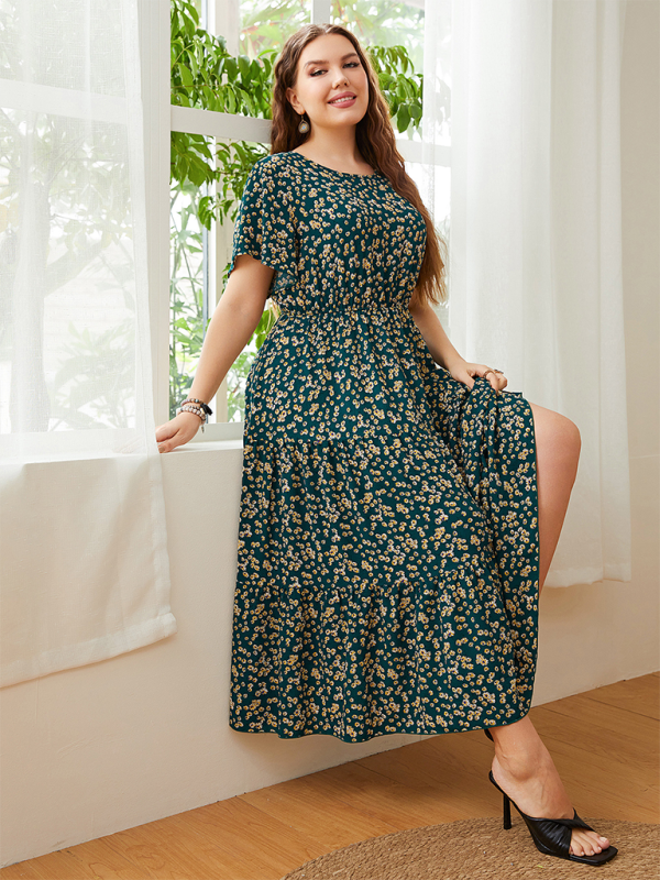 Blue Zone Planet | Plus size round neck printed waist dress BLUE ZONE PLANET