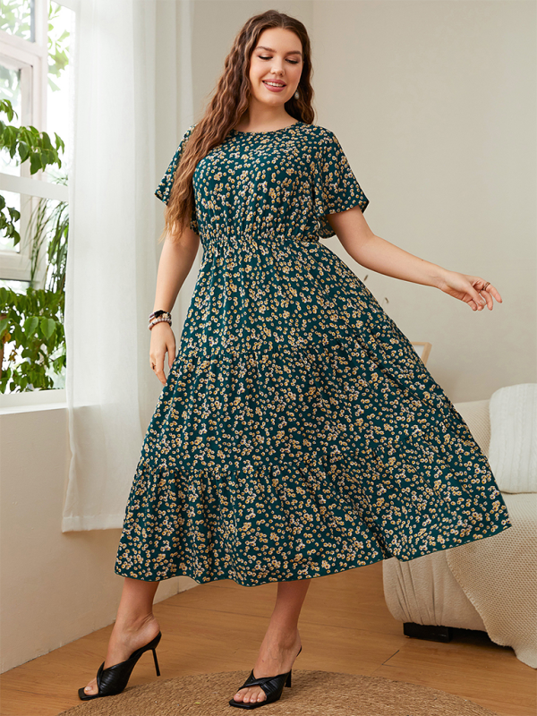 Blue Zone Planet | Plus size round neck printed waist dress BLUE ZONE PLANET