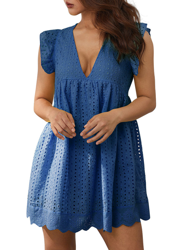 Emma's jacquard V-neck sleeveless ruffled loose breathable mini dress-TOPS / DRESSES-[Adult]-[Female]-2022 Online Blue Zone Planet