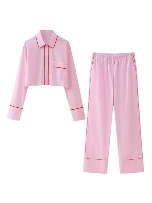 Blue Zone Planet | New style lapel single-breasted pocket long-sleeved shirt contrast trim pants suit-TOPS / DRESSES-[Adult]-[Female]-Pink-XS-2022 Online Blue Zone Planet