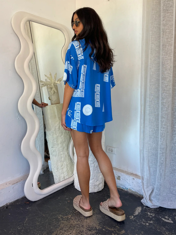 Blue Zone Planet | Printed Shirts Lounge Suits Printed Shorts Tie Elastic Two-piece Set BLUE ZONE PLANET