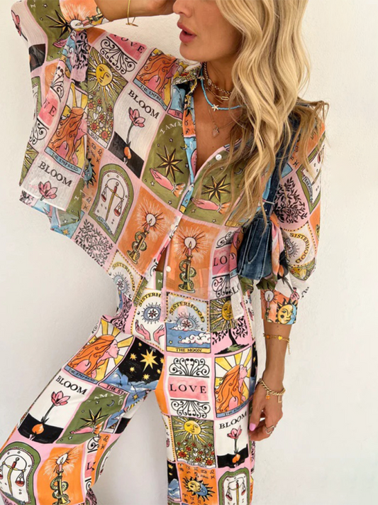 Blue Zone Planet |  New bat sleeve printed loose suit home trousers two-piece set