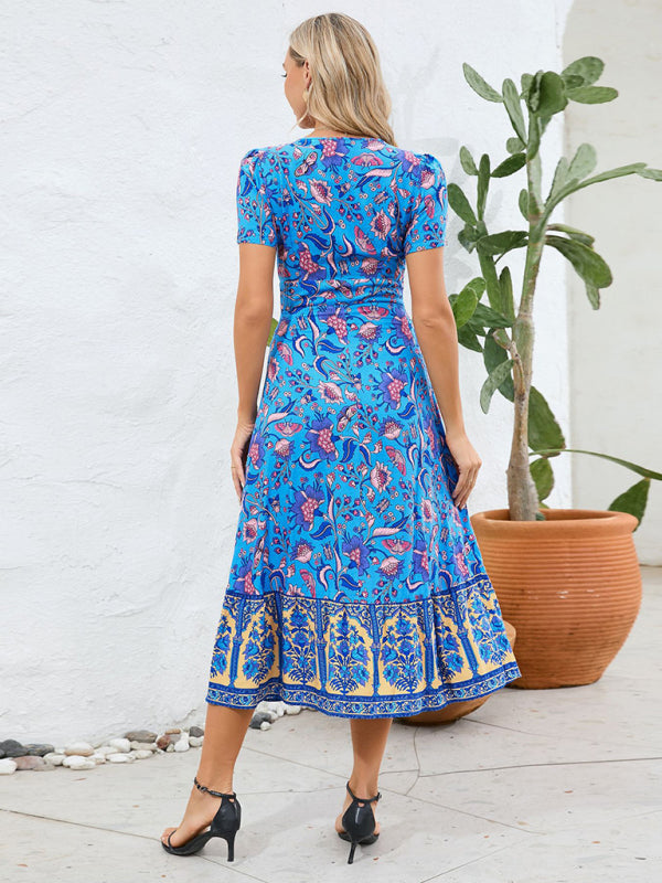 Sexy short-sleeved V-neck dress, bohemian beach retro floral skirt-TOPS / DRESSES-[Adult]-[Female]-2022 Online Blue Zone Planet