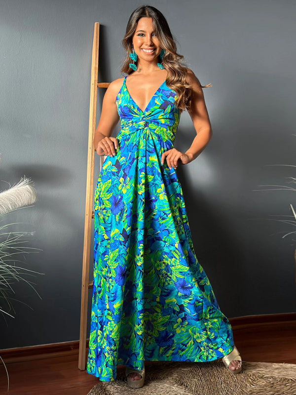 New style suspender v-neck printed elegant A-line long dress-[Adult]-[Female]-2022 Online Blue Zone Planet