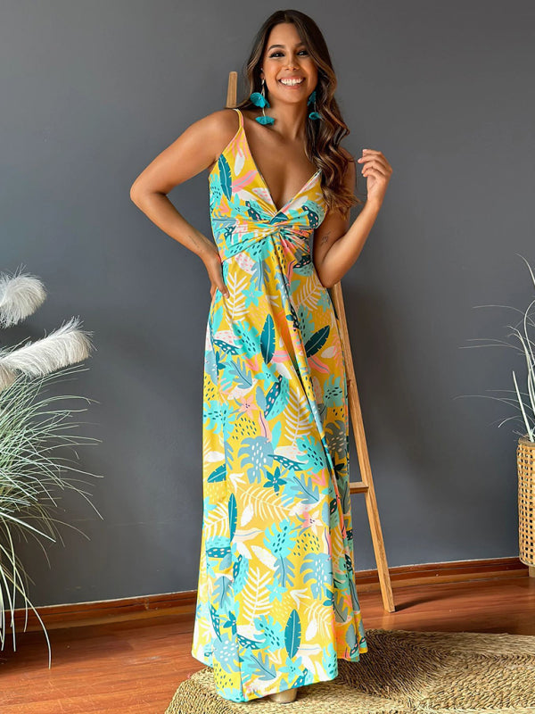 New style suspender v-neck printed elegant A-line long dress-[Adult]-[Female]-Yellow-S-2022 Online Blue Zone Planet
