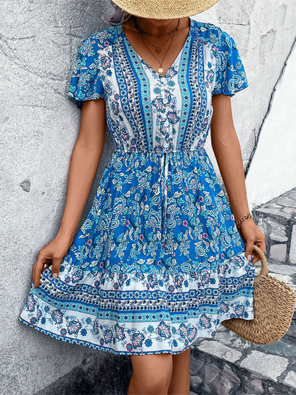 Blue Zone Planet |  Valentina's Bohemian N-Neck Ethnic Floral Mini Dress BLUE ZONE PLANET