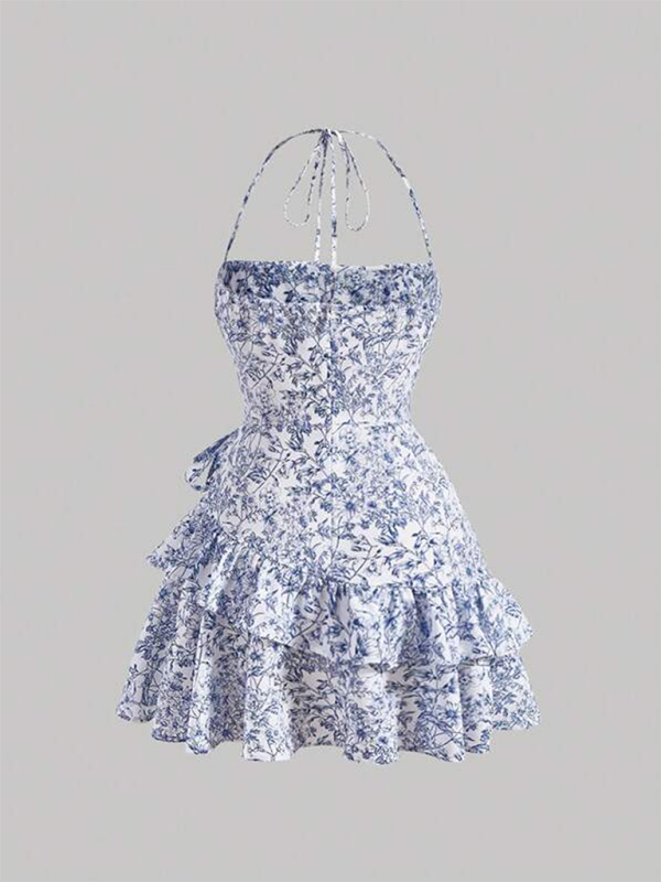Blue Zone Planet |  Women's Dress Floral Ruffles Halter Neck Sexy Waist Skirt BLUE ZONE PLANET