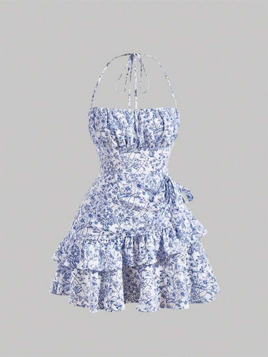Blue Zone Planet |  Women's Dress Floral Ruffles Halter Neck Sexy Waist Skirt BLUE ZONE PLANET