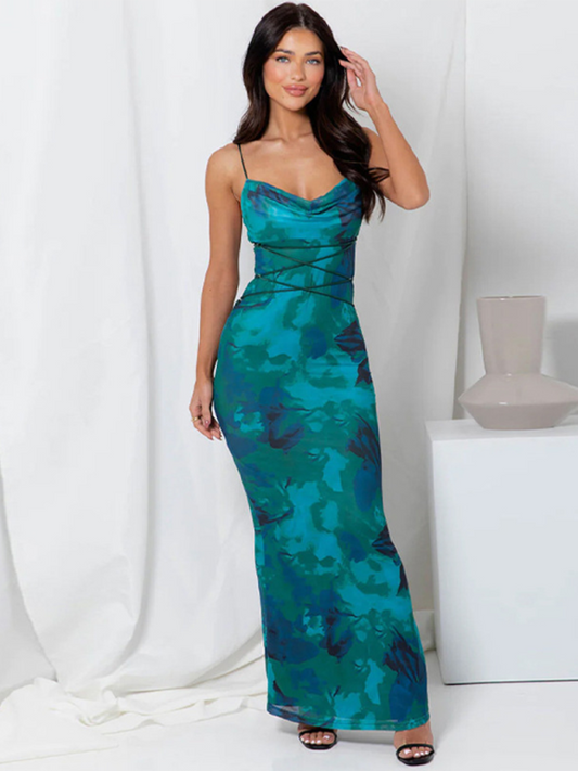 Bella's backless spaghetti strap slim floral print maxi dress-TOPS / DRESSES-[Adult]-[Female]-Blue-S-2022 Online Blue Zone Planet