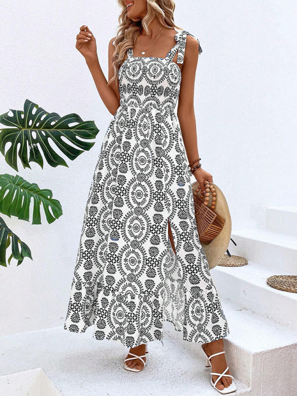 Blue Zone Planet |  Women's new summer able strap printed sleeveless slit long dress BLUE ZONE PLANET