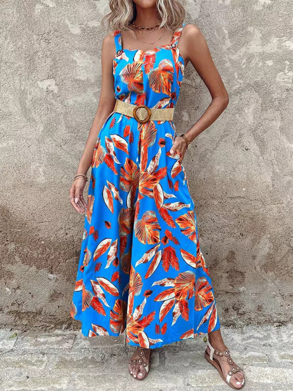 Blue Zone Planet |  new suspender print waist jumpsuit with belt BLUE ZONE PLANET