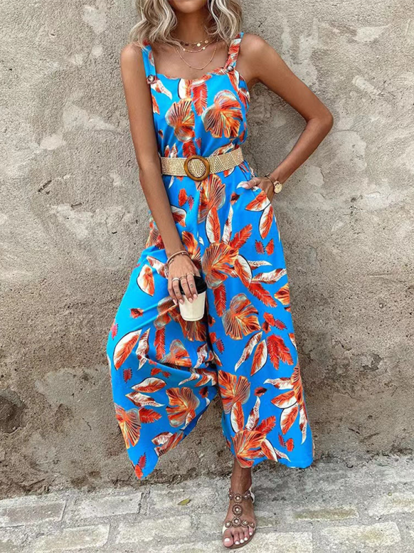 Blue Zone Planet |  new suspender print waist jumpsuit with belt BLUE ZONE PLANET