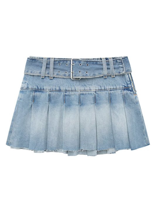 Blue Zone Planet | casual belted wide pleated denim skirt