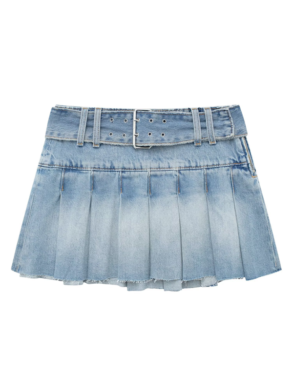 Blue Zone Planet | belted wide pleated denim skirt BLUE ZONE PLANET