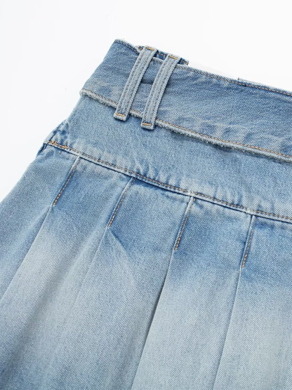 Blue Zone Planet | belted wide pleated denim skirt BLUE ZONE PLANET