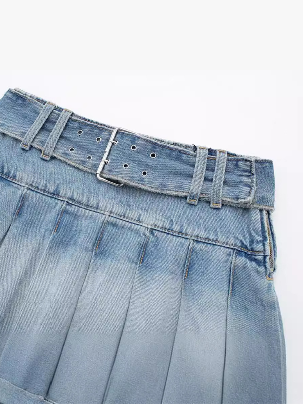 Blue Zone Planet | belted wide pleated denim skirt BLUE ZONE PLANET