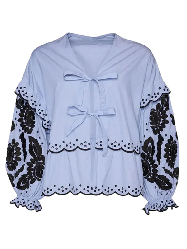 Blue Zone Planet | V-neck lace-up lantern sleeve shirt BLUE ZONE PLANET