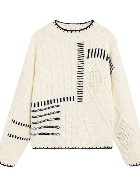 Hollow Contrast Color Knitted Half Turtle Collar Long Sleeve Sweater