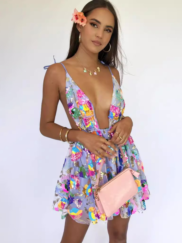 Blue Zone Planet |  Deep V Backless Sequin Floral Strappy Short Dress BLUE ZONE PLANET