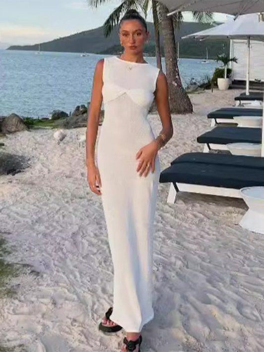 Sleeveless tight round neck knitted solid color beach long dress