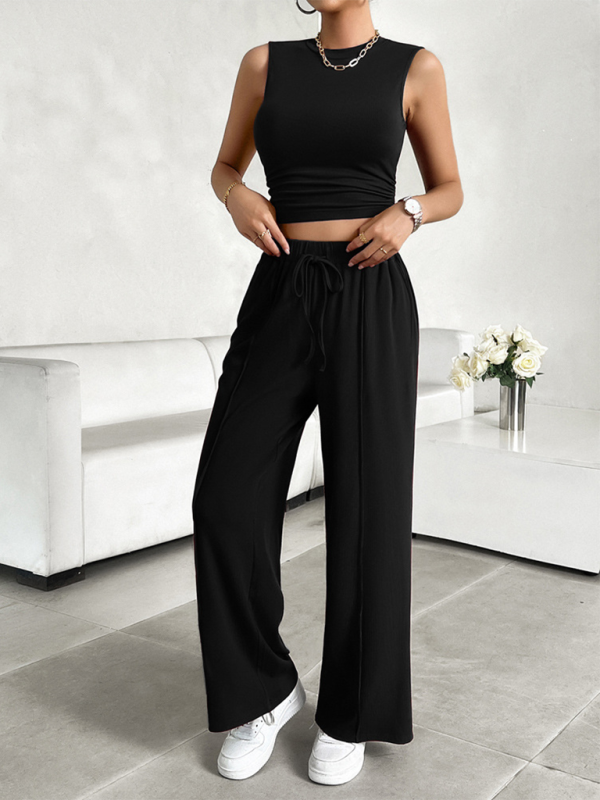 Kiera's Casual Round Beck Sleeveless Top and Trousers Two-piece Suit-[Adult]-[Female]-Black-S-2022 Online Blue Zone Planet