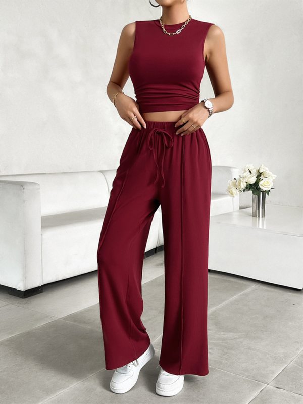 Kiera's Casual Round Beck Sleeveless Top and Trousers Two-piece Suit-[Adult]-[Female]-Wine Red-S-2022 Online Blue Zone Planet