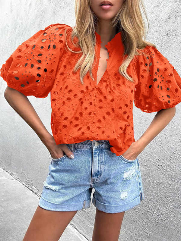 Style Puff Sleeve Embroidered Shirt-[Adult]-[Female]-Orange-S-2022 Online Blue Zone Planet