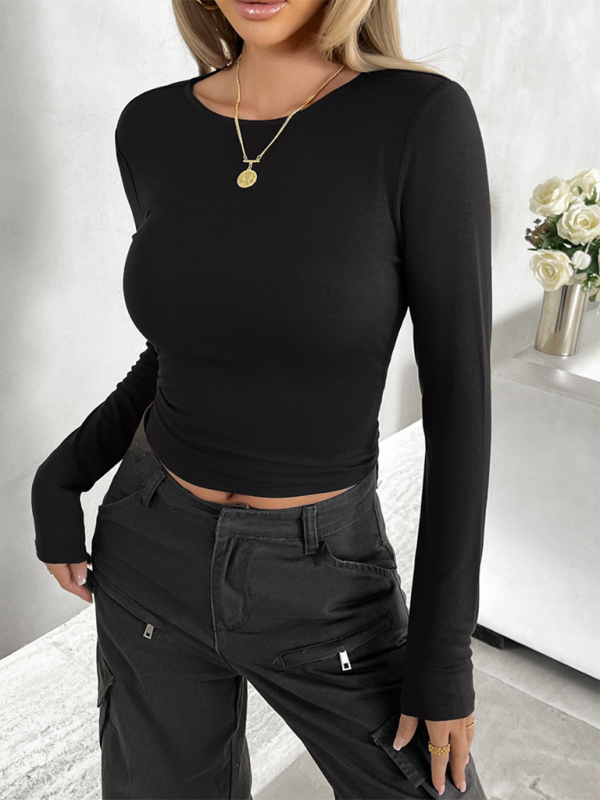Blue Zone Planet | round neck solid color slim long sleeve top BLUE ZONE PLANET