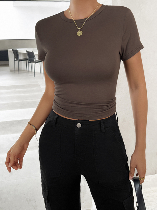 Blue Zone Planet | New solid color top, waisted, short, slim fit, navel-baring T-shirt-TOPS / DRESSES-[Adult]-[Female]-Brown-S-2022 Online Blue Zone Planet