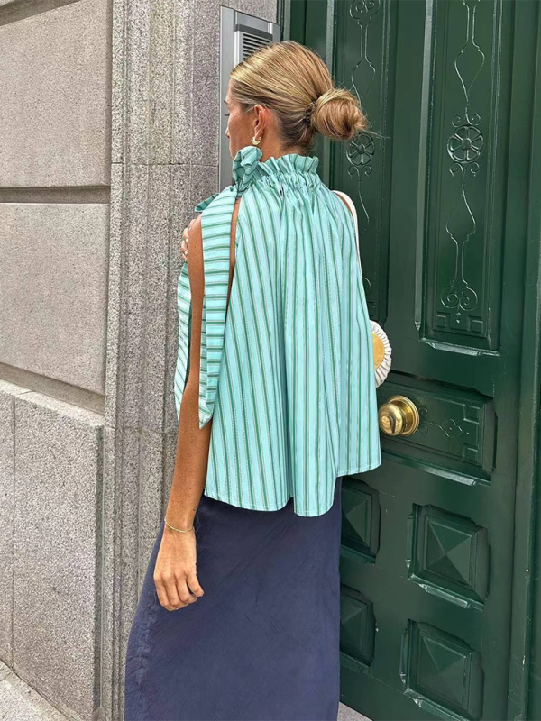 Blue Zone Planet | loose ruffle collar sleeveless striped top BLUE ZONE PLANET