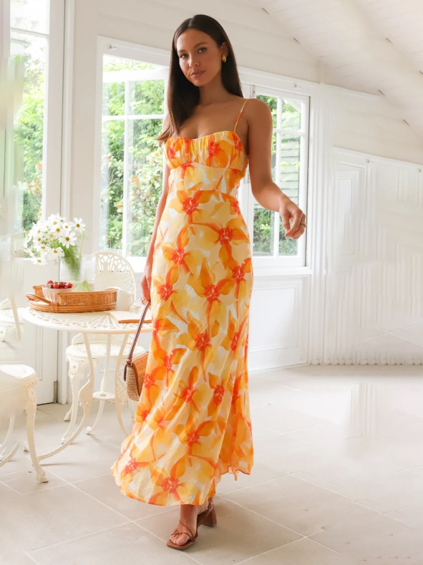 sweet summer midi dress Fresh And Floral Print Backless Yellow / XL a bridal shower Size:S/M - MIDI length New Releases Royal Blue Satin Split