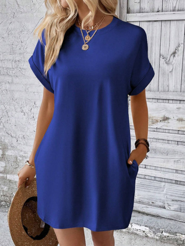 Blue Zone Planet | spring and summer solid color round neck loose short sleeve pocket dress BLUE ZONE PLANET